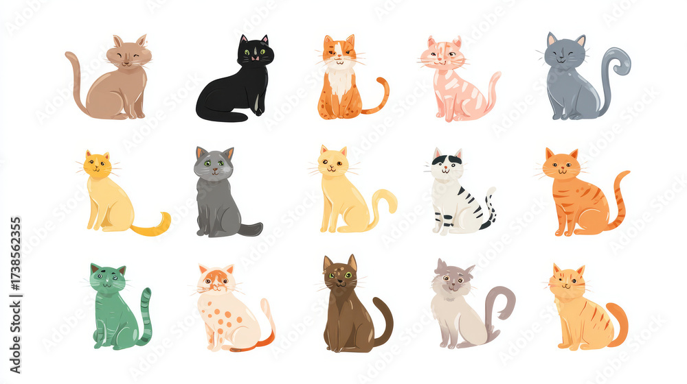 Fototapeta premium Cute and funny cats doodle vector set with playful kittens in various poses on white background