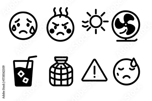 Overheating Icons Set. Solid, filled icon set of human overheating: sweating face, hot head, red cheeks, sun stroke, fan, cold drink, ice pack, heat exhaustion