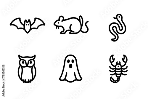 Catacomb Creature Icons. Outline icon set of catacomb creatures: bat, rat, spider, snake, owl, ghost, skeleton hand, scorpion. Line icons in only black color,