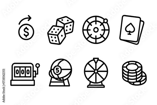 Luck-Based Game Icons. Outline icon set of luck-based games: coin flip, dice, roulette wheel, card deck, slot machine, lottery ball, wheel spinner, casino