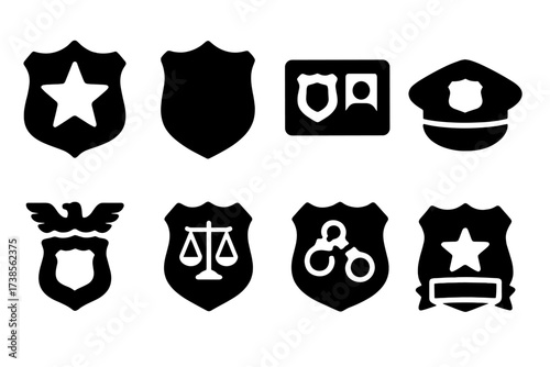 Police Icon Badges. Solid, filled icon set of police and detective badges: star badge, shield badge, detective ID, police cap badge, badge with eagle, badge