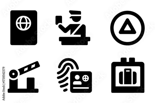 Border Crossing Icons. Solid, filled icon set of border crossing: passport, customs officer, suitcase, immigration stamp, barrier, fingerprint scanner, travel