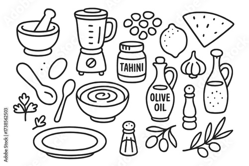 Hummus Ingredients Illustration. Hand-drawn doodle illustration Homemade hummus preparation mortar and pestle, blender, chickpeas, tahini jar, lemon, garlic,
