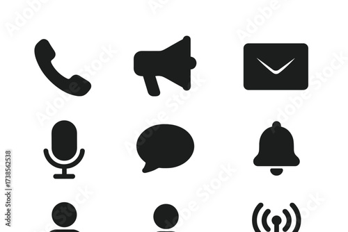 Communication Icons Grid. Solid, filled icon set of communication sender: telephone, megaphone, envelope, microphone, chat bubble, notification bell, sender