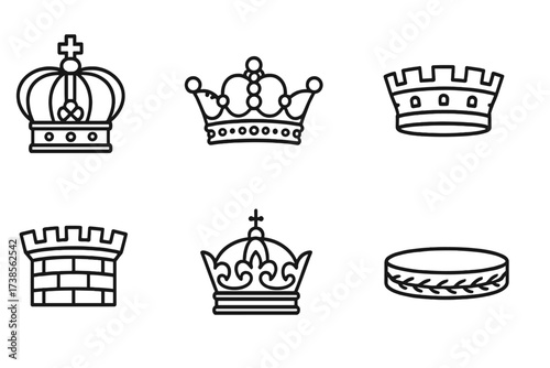 Heraldic Crown Icons. Outline icon set of heraldic crowns and coronets: royal crown, ducal coronet, baronial coronet, naval crown, mural crown, imperial crown,