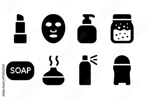Mint Cosmetic Icons. Solid, filled icon set of mint cosmetic and health products: lip balm, face mask, lotion bottle, bath salt, soap bar, essential oil