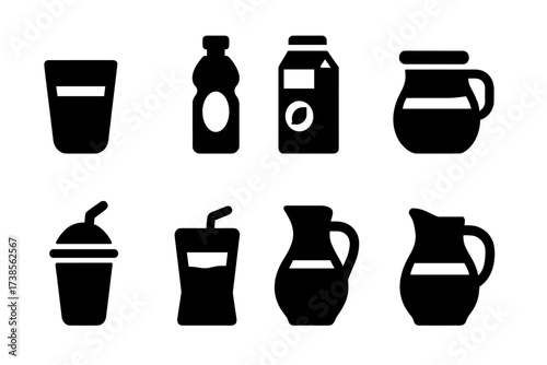 Juice Container Icons. Solid, filled icon set of juice containers: glass cup, plastic bottle, juice carton, mason jar, takeaway cup with straw, juice pouch,