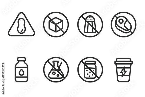 Nutrition Warning Icons. Outline icon set of nutrition label warnings: allergy alert, high sugar, high sodium, saturated fat, trans fat, artificial additives,