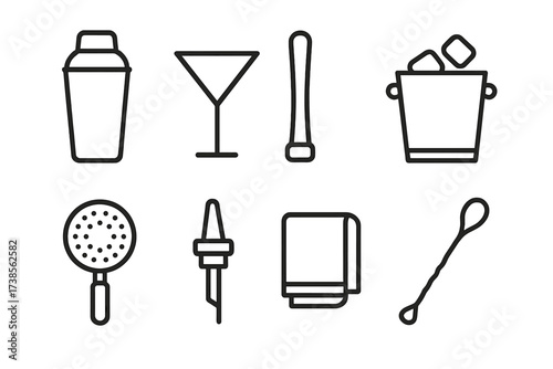 Bartending Tools Icons. Outline icon set of bartending tools: shaker tin, cocktail glass, muddler, ice bucket, strainer, pouring spout, bar towel, mixing