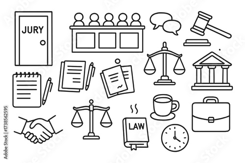 Jury Deliberation Doodles. Hand-drawn doodle illustration jury deliberation process closed door, jury box, judge?s gavel, notepad, pens, legal papers, scales