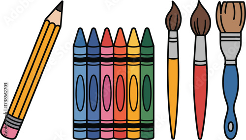 Pencil, Crayon & Art Tools Bundle vector on white background