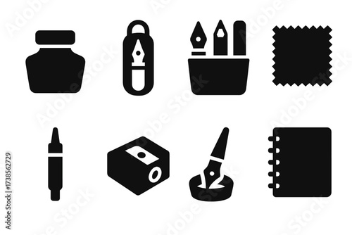 Pen Accessory Icons. Solid, filled icon set of pen accessories: ink bottle, pen case, pen holder, cleaning cloth, ink refill, sharpening tool, pen stand,
