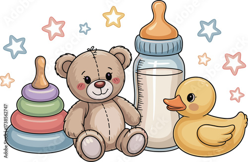 Baby Toys & Milk Bottle clip art vector on white background
