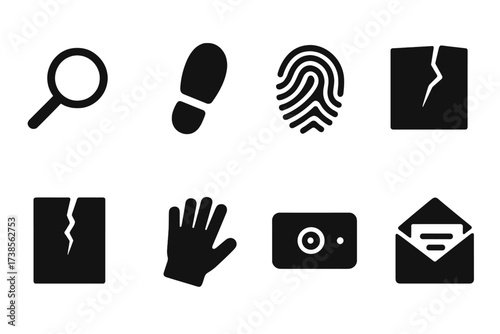 Detective Icon Set. Solid, filled icon set of found clues: magnifying glass, footprint, fingerprint, broken glass, torn paper, dropped glove, hidden camera,