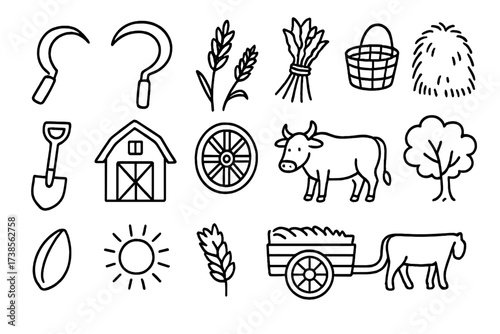 Harvest Icons Illustration. Hand-drawn doodle illustration Harvesting methods sickle, scythe, grain stalk, wheat sheaf, basket, haystack, shovel, barn, wheel,