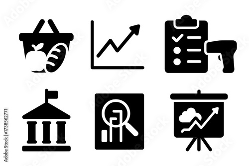 Inflation Tools Icons. Solid, filled icon set of inflation measurement tools: CPI basket, inflation rate graph, statistical report, survey form, price scanner,