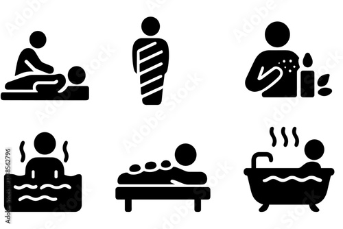 Body Care Icon Set. Solid, filled icon set of body care spa treatments: massage, body wrap, exfoliation, aromatherapy, mud bath, hot stone therapy,