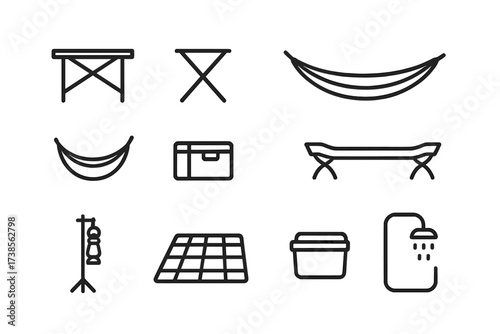 Camping Furniture Icons. Outline icon set of camping furniture: foldable table, camping stool, hammock, cot bed, picnic blanket, storage box, lantern stand,