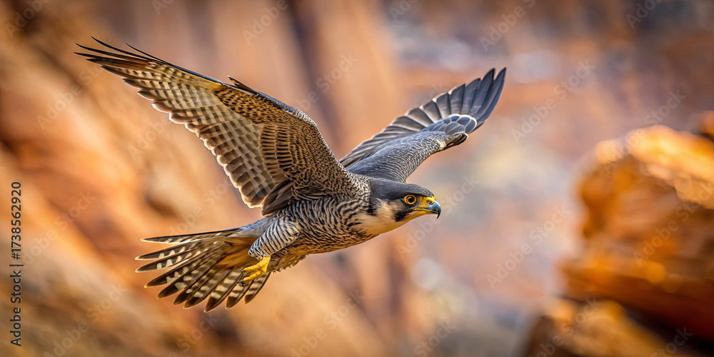 Fototapeta premium A peregrine falcon glides gracefully over vibrant red rock formations in a desert setting. The scene captures the beauty of nature at golden hour, showcasing the bird's powerful wings in flight