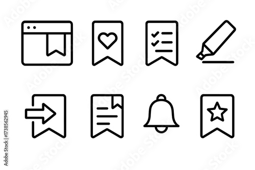 Bookmark Icon Set. Outline icon set of bookmark usage: save page, favorite, reading list, highlight, quick access, note, reminder, important. Line icons in