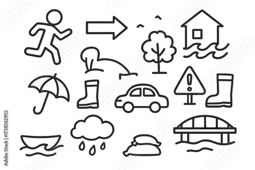 Emergency Evacuation Doodle. Hand-drawn doodle illustration Emergency evacuation person running, arrow sign, house, rising water, waves, tree, umbrella, boot,