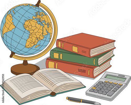 Globe, Books & Calculator Bundle vector on white background