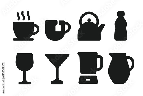 Kitchen Beverage Icons. Solid, filled icon set of kitchen beverages: coffee cup, tea cup, kettle, water bottle, wine glass, cocktail glass, blender jar,
