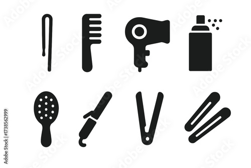 Hair Tool Icons. Solid, filled icon set of hairpin tools: hairpin applicator, styling comb, hairdryer, hairspray, hairbrush, curling iron, straightener, hair