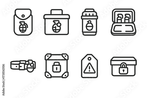 Grenade Storage Icons. Outline icon set of grenade storage and transport: carrying pouch, ammo box, safety container, padded case, tactical belt, secure box,