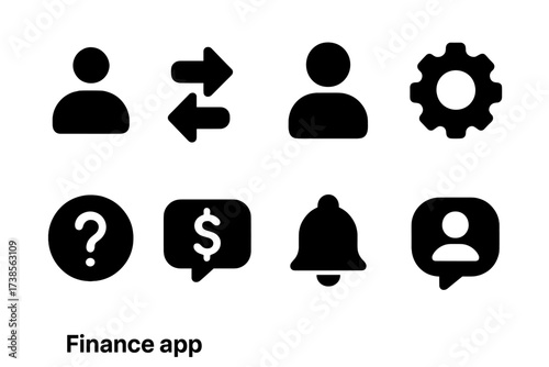 Finance App Icons. Solid, filled icon set of finance app user actions: login, logout, profile, settings, help, feedback, notification, support chat. [Solid,