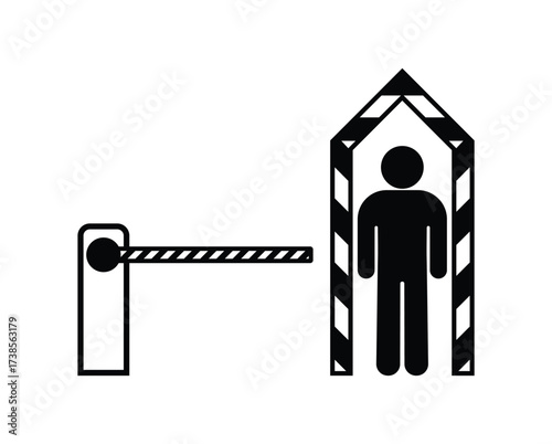 Vector icon of security checkpoint with barrier and guard booth. Silhouette person inside control post, border crossing or restricted access zone illustration.