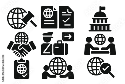 Global Regulation Icons. Solid, filled icon set of global regulation: international law, treaty, UN building, trade agreement, customs, diplomatic negotiation,