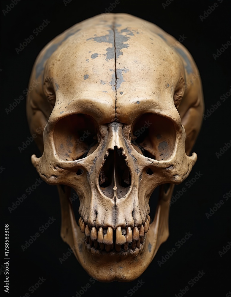 Fototapeta premium Detailed Australopithecus africanus skull fossil reconstruction on black background. Ancient hominid ape skull bone. Prehistoric human ancestor discovery. Paleo anthropology history shows primate