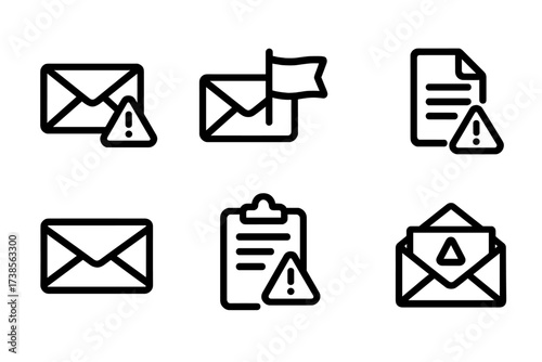 Official Warning Icons. Solid, filled icon set of official warning: letter with exclamation mark, flagged envelope, document with alert, paperclip caution,