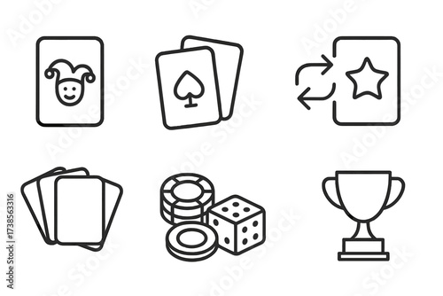 Wild Card Icons. Outline icon set of wild card: joker card, playing cards, shuffle deck, wildcard symbol, card hand, poker chips, dice, trophy cup. Line icons