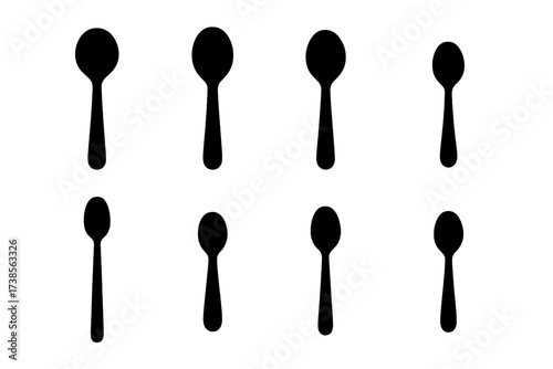 Spoon Icon Collection. Solid, filled icon set of spoon in dining: soup spoon, salad spoon, dessert spoon, coffee spoon, tea spoon, cocktail spoon, child?s