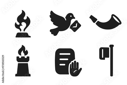 Ancient Communication Icons. Solid, filled icon set of ancient communication: smoke signal, messenger bird, drum, horn, beacon tower, clay tablet, gesture