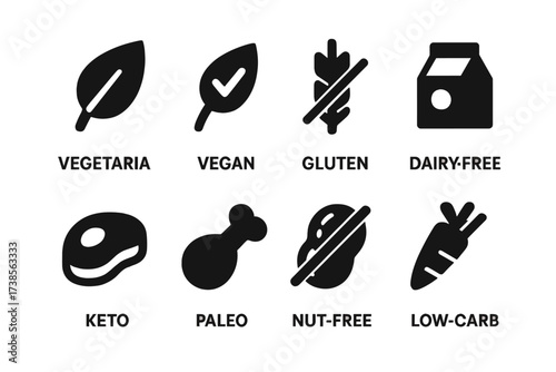 Dietary Icons Grid. Solid, filled icon set of appetizer dietary options: vegetarian, vegan, gluten-free, dairy-free, keto, paleo, nut-free, low-carb. Line