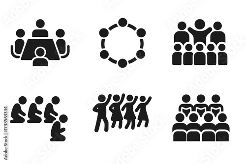 Ceremonial Icons Grid. Solid, filled icon set of ceremonial gatherings: council meeting, ritual circle, festival crowd, prayer group, dance troupe, procession