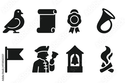 Medieval Communication Icons. Solid, filled icon set of medieval communication: messenger pigeon, scroll, wax seal, horn, flag signal, town crier, bell tower,