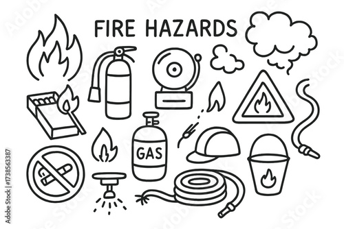 Fire Safety Doodles. Fire hazards. Hand-drawn doodle illustration fire hazards fire flame, extinguisher, alarm bell, smoke, matches, gas cylinder, warning