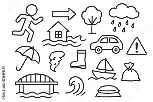 Emergency Evacuation Doodle. Hand-drawn doodle illustration Emergency evacuation person running, arrow sign, house, rising water, waves, tree, umbrella, boot,