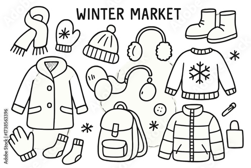 Winter Wear Icons. Hand-drawn doodle illustration Winter market clothing and accessories scarf, mittens, hat, boots, coat, earmuffs, sweater, gloves, backpack,