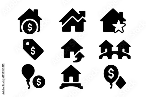 Mortgage Icon Grid. Solid, filled icon set of mortgage types: fixed rate icon, adjustable rate arrow, FHA logo, VA home icon, jumbo loan tag, reverse mortgage,