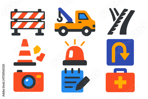 Traffic Accident Icons. Flat vector icons of traffic accident response: crash barrier, tow truck, skid marks, debris cone,