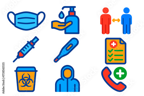Public Health Icons. Flat vector icons of public health safety: face mask, hand sanitizer, social distancing sign, vaccination
