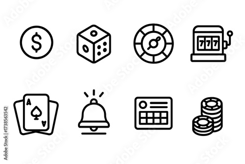 Chance Game Icons. Outline icon set of chance game elements: coin toss, dice, roulette wheel, slot machine, playing cards, jackpot bell, lottery ticket, chip