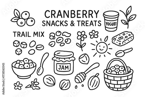 Cranberry Snacks Doodle. Hand-drawn doodle illustration Cranberry snacks and treats cranberry berries, trail mix, yogurt cup, granola bar, bowl, spoon, jam