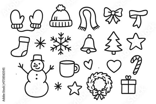 Holiday Season Doodles. Hand-drawn doodle illustration Holiday season mittens mitten, wool hat, scarf, present, ribbon, stocking, snowflake, bell, pine tree,
