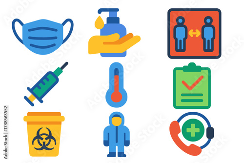 Public Health Icons. Flat vector icons of public health safety: face mask, hand sanitizer, social distancing sign, vaccination